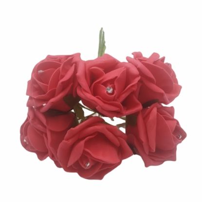 Picture of PRINCESS COLOURFAST FOAM ROSE WITH DIAMANTE BUNCH OF 6 LIGHT RED