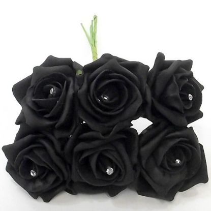 Picture of PRINCESS COLOURFAST FOAM ROSE WITH DIAMANTE BUNCH OF 6 BLACK