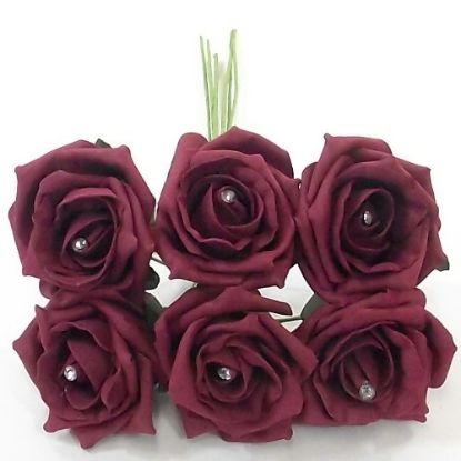 Picture of PRINCESS COLOURFAST FOAM ROSE WITH DIAMANTE BUNCH OF 6 BURGUNDY