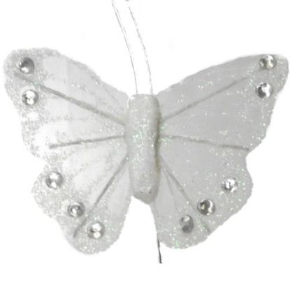 Picture of 7cm ORGANZA BUTTERFLY WITH JEWELS ON 20cm WIRE WHITE X 12pcs
