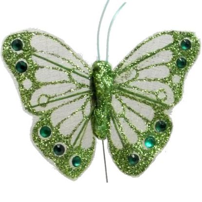 Picture of 7cm ORGANZA BUTTERFLY WITH JEWELS ON 20cm WIRE GREEN X 12pcs
