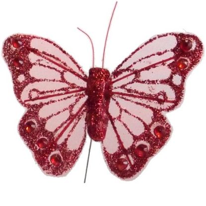 Picture of 7cm ORGANZA BUTTERFLY WITH JEWELS ON 20cm WIRE RED X 12pcs