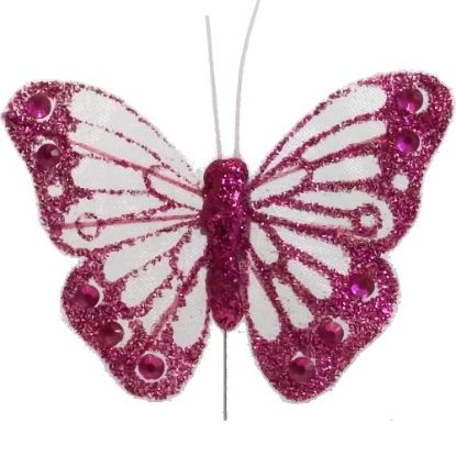 Picture of 7cm ORGANZA BUTTERFLY WITH JEWELS ON 20cm WIRE CERISE X 12pcs