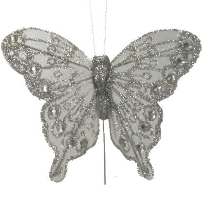 Picture of 8cm ORGANZA BUTTERFLY WITH JEWELS ON 20cm WIRE SILVER X 12pcs