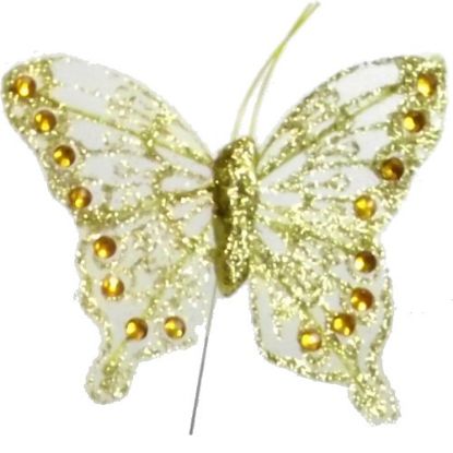 Picture of 8cm ORGANZA BUTTERFLY WITH JEWELS ON 20cm WIRE GOLD X 12pcs
