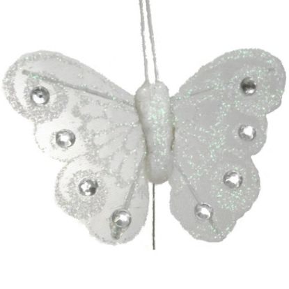 Picture of 6cm ORGANZA BUTTERFLY WITH JEWELS ON 20cm WIRE WHITE X 12pcs