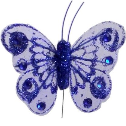 Picture of 6cm ORGANZA BUTTERFLY WITH JEWELS ON 20cm WIRE ROYAL BLUE X 12pcs