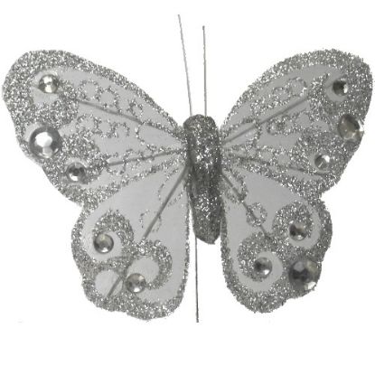Picture of 10cm ORGANZA BUTTERFLY WITH JEWELS ON 20cm WIRE SILVER X 12pcs
