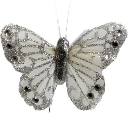 Picture of 7cm FEATHER BUTTERFLY WITH JEWELS ON 20cm WIRE IVORY/SILVER X 12pcs