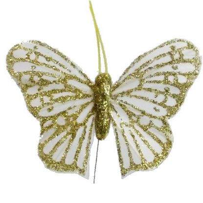 Picture of 8cm FEATHER BUTTERFLY ON 20cm WIRE IVORY/GOLD X 12pcs