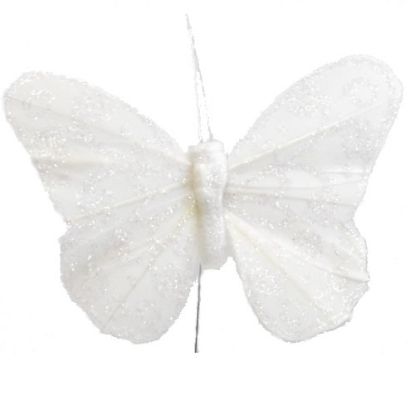 Picture of 8cm FEATHER BUTTERFLY ON 20cm WIRE WHITE X 12pcs