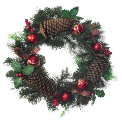 Picture of 50cm (20 INCH) SPRUCE WREATH WITH NATURAL CONES BAUBLES AND BERRIES RED/GREEN