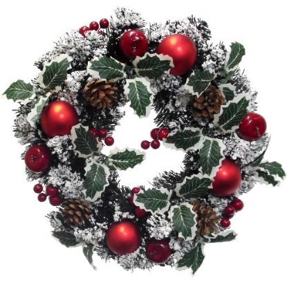 Picture of 40cm (16 INCH) SPRUCE SNOW WREATH WITH HOLLY BAUBLES CONES AND BERRIES RED/GREEN