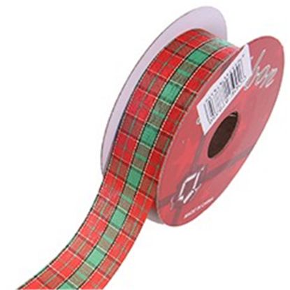 Picture of TARTAN FABRIC CUT EDGE RIBBON 25mm X 10yds RED/GREEN/GOLD