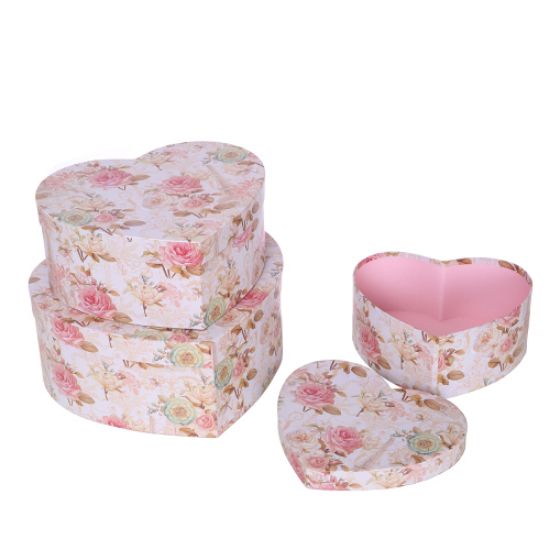 Picture of SET OF 3 HEART SHAPED FLOWER BOXES WITH FLORAL PATTERN VINTAGE PINK