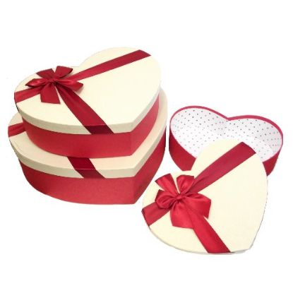 Picture of SET OF 3 LARGE HEART SHAPED FLOWER BOXES WITH RIBBON BOW RED/IVORY