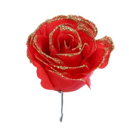Picture of SINGLE OPEN ROSE ON 8cm STEM RED WITH GOLD GLITTER X 144pcs