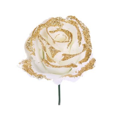 Picture of SINGLE OPEN ROSE ON 8cm STEM IVORY WITH GOLD GLITTER X 144pcs