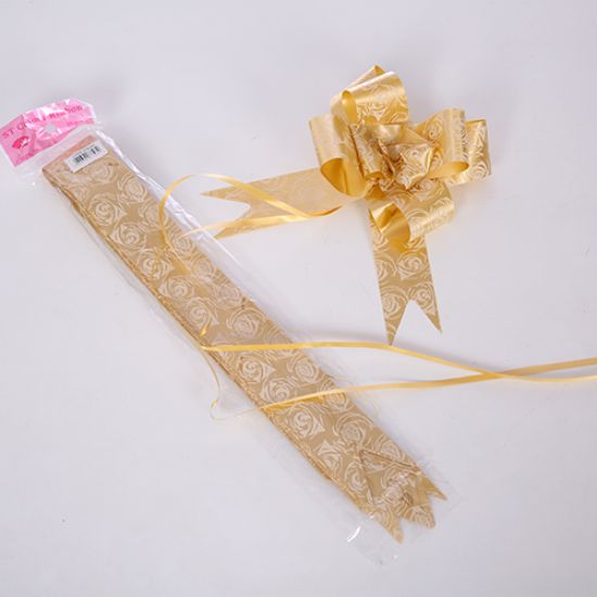Picture of POLY RIBBON PULL BOWS WITH ROSE PATTERN 50mm X 10pcs GOLD