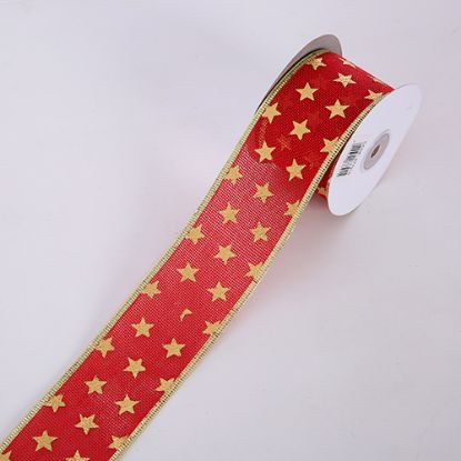 Picture of 50mm HESSIAN WOVEN EDGE RIBBON WITH STARS RED/GOLD X 10yds