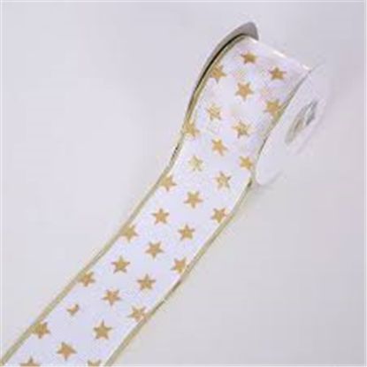 Picture of 50mm HESSIAN WOVEN EDGE RIBBON WITH STARS WHITE/GOLD X 10yds