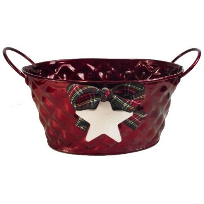 Picture of 20cm METAL OVAL PLANTER WITH TARTAN RIBBON BOW RED
