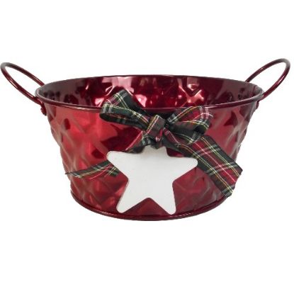 Picture of 18cm METAL ROUND PLANTER WITH TARTAN RIBBON BOW RED
