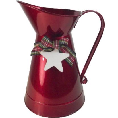 Picture of 23cm METAL JUG WITH TARTAN RIBBON BOW RED