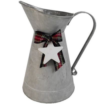 Picture of 23cm METAL JUG WITH TARTAN RIBBON BOW WHITE WASHED