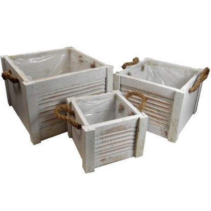 Picture of SET OF 3 WOODEN SQUARE PLANTERS WITH ROPE HANDLES