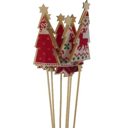 Picture of WOODEN XMAS TREE ON 50cm WOODEN STICK WHITE/RED/GREEN x 6pcs
