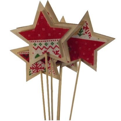 Picture of WOODEN STAR ON 50cm WOODEN STICK WHITE/RED/GREEN x 6pcs