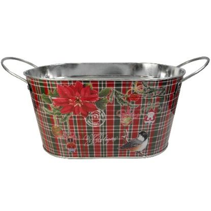 Picture of 22cm METAL OVAL PLANTER WITH EARS - TARTAN CHRISTMAS