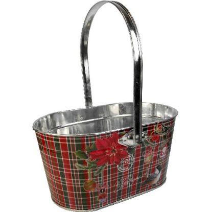 Picture of 22cm METAL OVAL BASKET WITH HANDLE - TARTAN CHRISTMAS