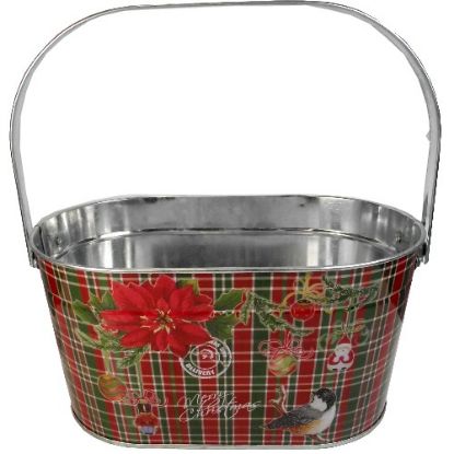 Picture of 22cm METAL OVAL BASKET WITH HANDLE - TARTAN CHRISTMAS