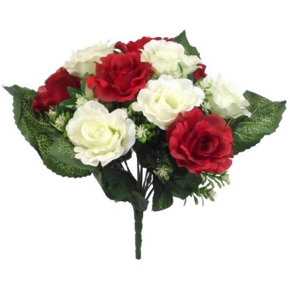 Picture of 36cm ROSE BUSH WITH FOLIAGE IVORY/RED