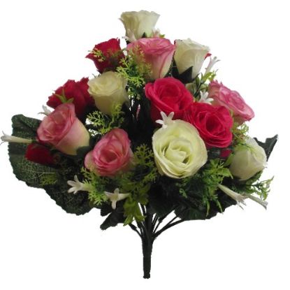 Picture of 41cm ROSEBUD BUSH WITH FERN (24 HEADS) IVORY/PINK/CERISE