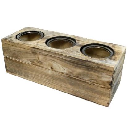 Picture of 31cm WOODEN RECTANGULAR PLANTER WITH 3 ROUND GLASS POTS 