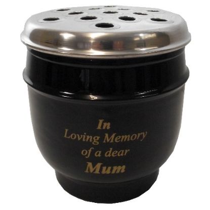 Picture of 14cm METAL GRAVE VASE BLACK WITH SILVER LID - IN LOVING MEMORY OF A DEAR MUM