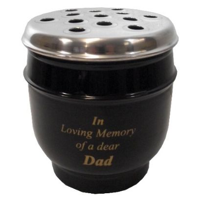 Picture of 14cm METAL GRAVE VASE BLACK WITH SILVER LID - IN LOVING MEMORY OF A DEAR DAD