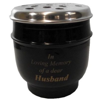 Picture of 14cm METAL GRAVE VASE BLACK WITH SILVER LID - IN LOVING MEMORY OF A DEAR HUSBAND