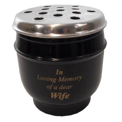 Picture of 14cm METAL GRAVE VASE BLACK WITH SILVER LID - IN LOVING MEMORY OF A DEAR WIFE