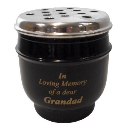 Picture of 14cm METAL GRAVE VASE BLACK WITH SILVER LID - IN LOVING MEMORY OF A DEAR GRANDAD
