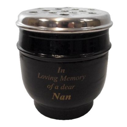 Picture of 14cm METAL GRAVE VASE BLACK WITH SILVER LID - IN LOVING MEMORY OF A DEAR NAN