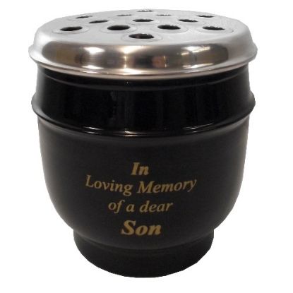 Picture of 14cm METAL GRAVE VASE BLACK WITH SILVER LID - IN LOVING MEMORY OF A DEAR SON