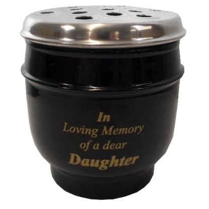 Picture of 14cm METAL GRAVE VASE BLACK WITH SILVER LID - IN LOVING MEMORY OF A DEAR DAUGHTER