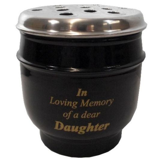 Picture of 14cm METAL GRAVE VASE BLACK WITH SILVER LID - IN LOVING MEMORY OF A DEAR DAUGHTER