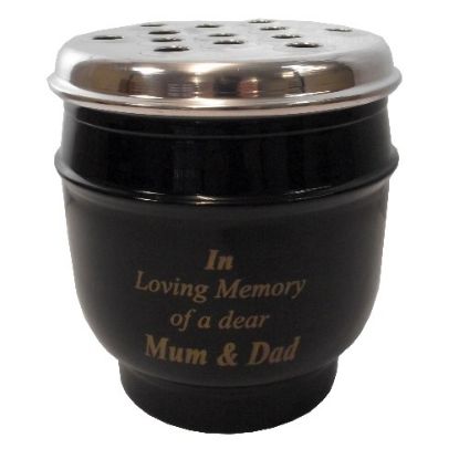 Picture of 14cm METAL GRAVE VASE BLACK WITH SILVER LID - IN LOVING MEMORY OF A DEAR MUM AND DAD