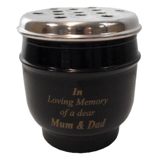 Picture of 14cm METAL GRAVE VASE BLACK WITH SILVER LID - IN LOVING MEMORY OF A DEAR MUM AND DAD