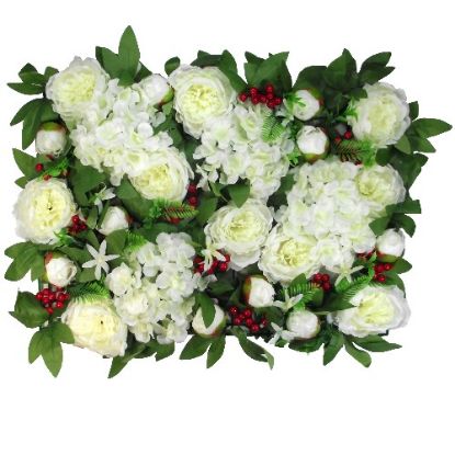 Picture of FLOWER WALL WITH PEONIES HYDRANGEAS FOLIAGE AND RED BERRIES 60cm X 40cm IVORY